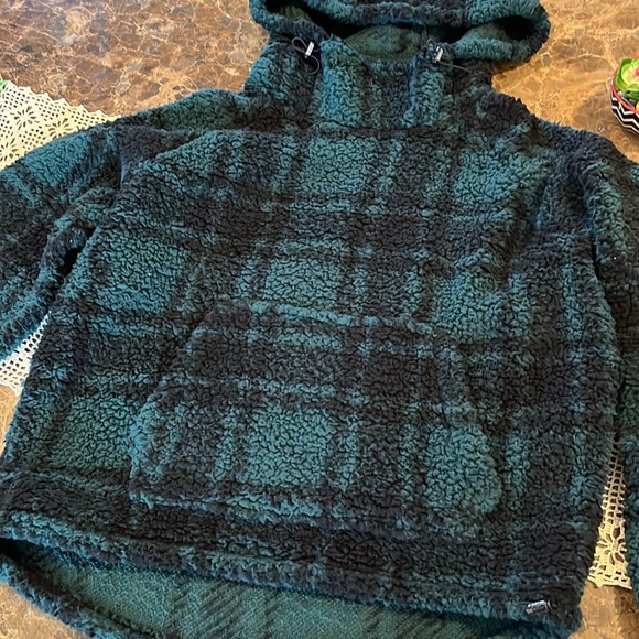 PINK Victoria’s Secret Green Plaid Cozy Plush Sherpa Pullover Hoodie XS Relaxed - Picture 3 of 10